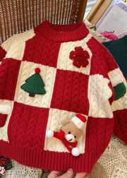 Beautiful Red O-Neck Thick Plaid Patchwork Cotton Knit Girls Sweaters Winter