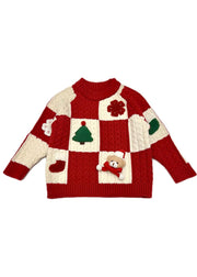 Beautiful Red O-Neck Thick Plaid Patchwork Cotton Knit Girls Sweaters Winter