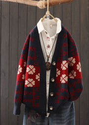 Beautiful Red Oversized Patchwork Letter Print Knit Cardigans Winter