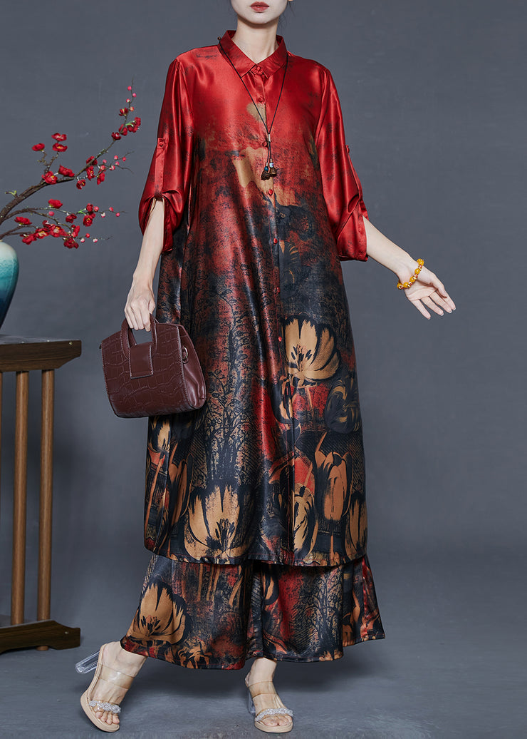 Beautiful Red Oversized Print Silk Two Piece Set Outfits Fall