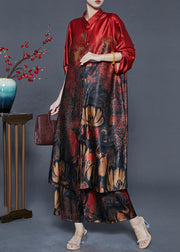 Beautiful Red Oversized Print Silk Two Piece Set Outfits Fall