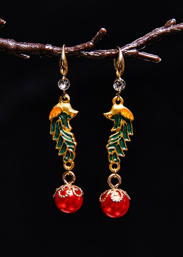 Beautiful Red Pearl Cloisonne Gilding Drop Earrings