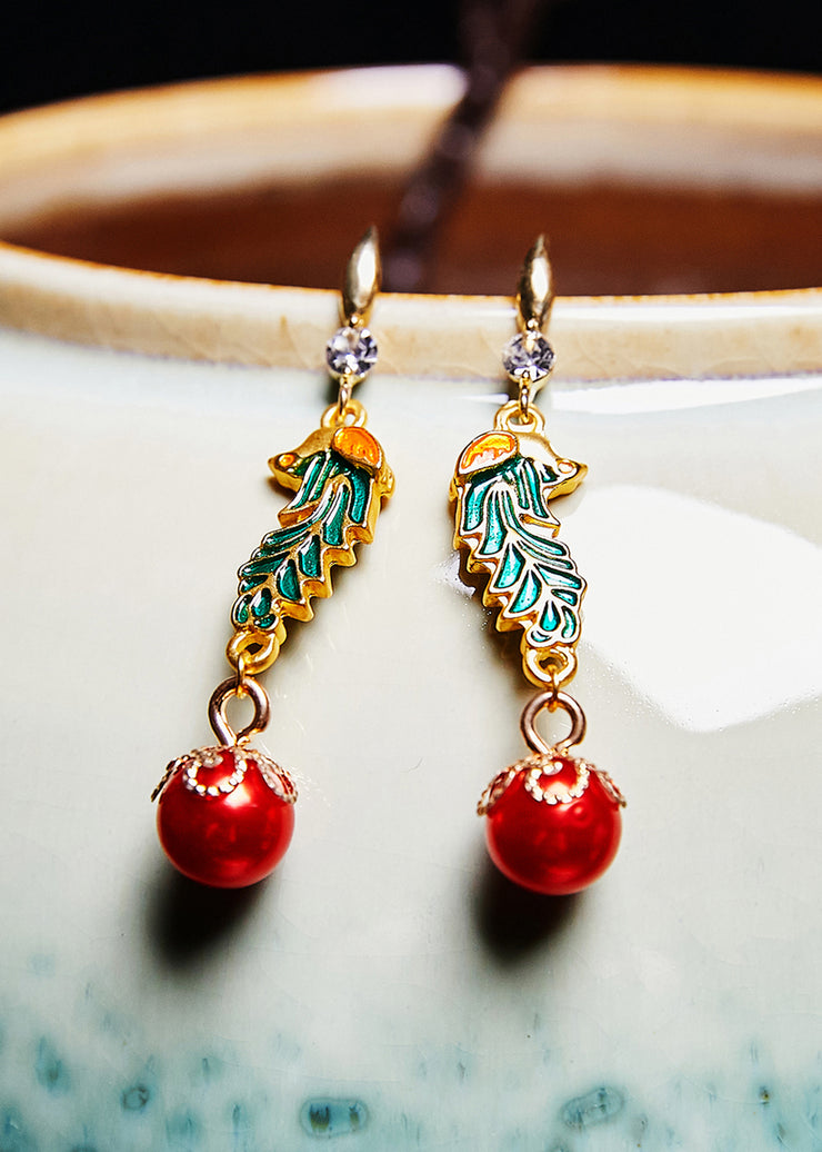 Beautiful Red Pearl Cloisonne Gilding Drop Earrings