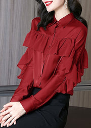 Beautiful Red Peter Pan Collar Ruffled Patchwork Silk Shirts Spring