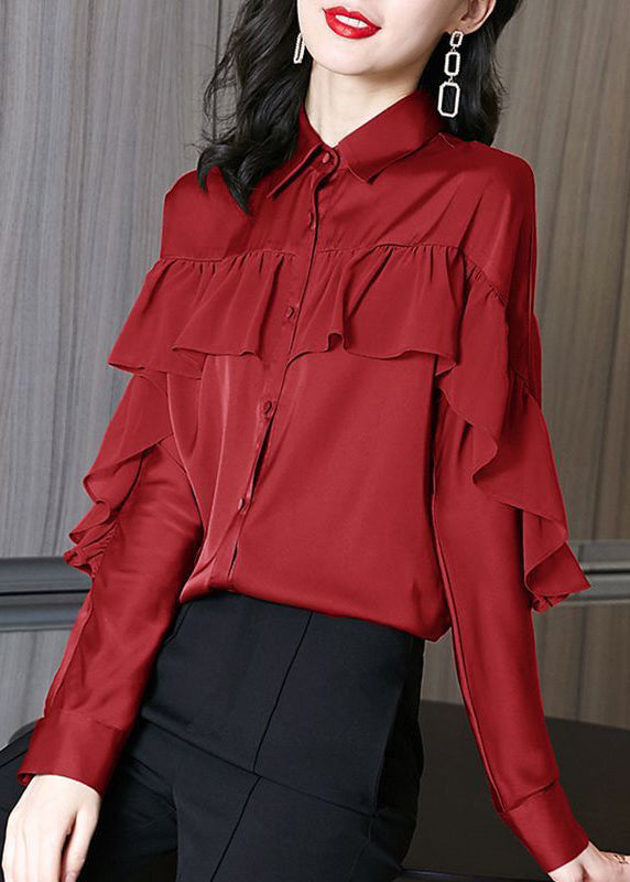 Beautiful Red Peter Pan Collar Ruffled Patchwork Silk Shirts Spring