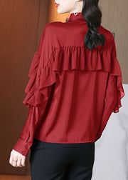 Beautiful Red Peter Pan Collar Ruffled Patchwork Silk Shirts Spring