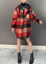 Beautiful Red Plaid Asymmetrical Button Thick Woolen Hooded Coat Winter