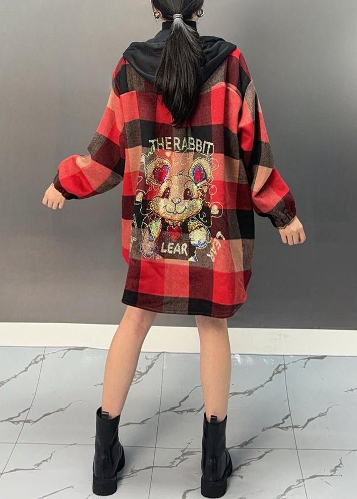 Beautiful Red Plaid Asymmetrical Button Thick Woolen Hooded Coat Winter