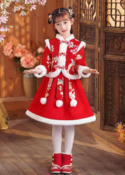 Beautiful Red Print Girls Coats And Skirts Two Pieces Set Long Sleeve