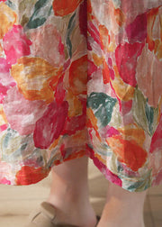 Beautiful Red Print Lace Up Elastic Waist Linen Skirts Summer