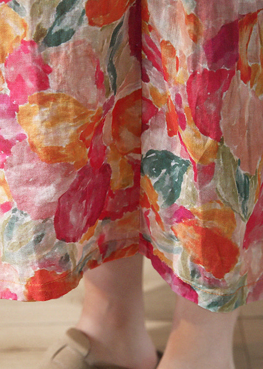 Beautiful Red Print Lace Up Elastic Waist Linen Skirts Summer