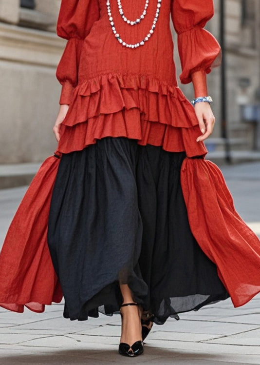 Beautiful Red Ruffled Patchwork Cotton Vacation Dresses Lantern Sleeve