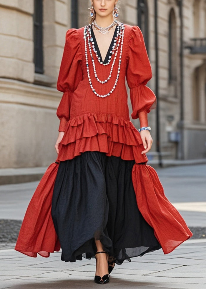 Beautiful Red Ruffled Patchwork Cotton Vacation Dresses Lantern Sleeve