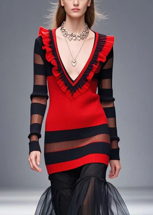 Beautiful Red Ruffled Patchwork Tulle Sweater Dress Fall