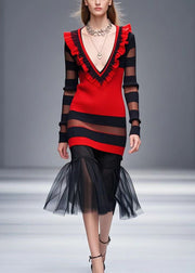 Beautiful Red Ruffled Patchwork Tulle Sweater Dress Fall