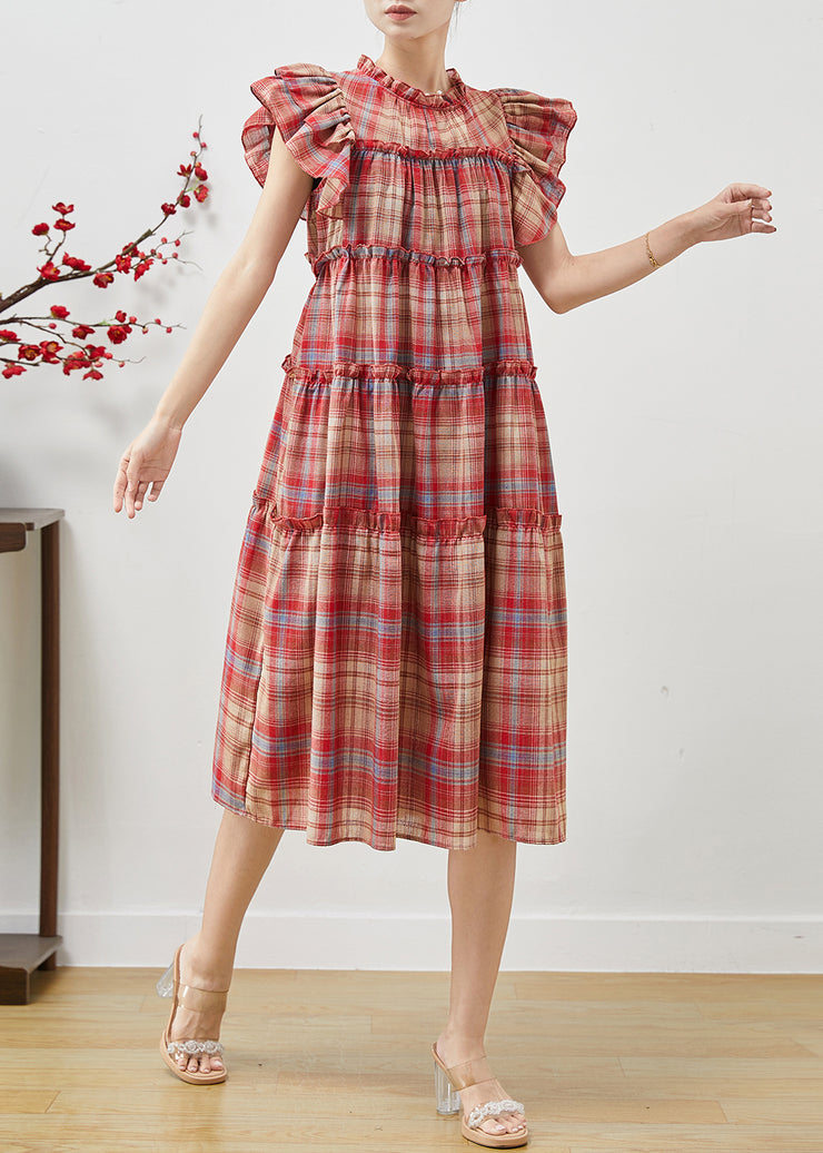 Beautiful Red Ruffled Plaid Cotton Dresses Butterfly Sleeve