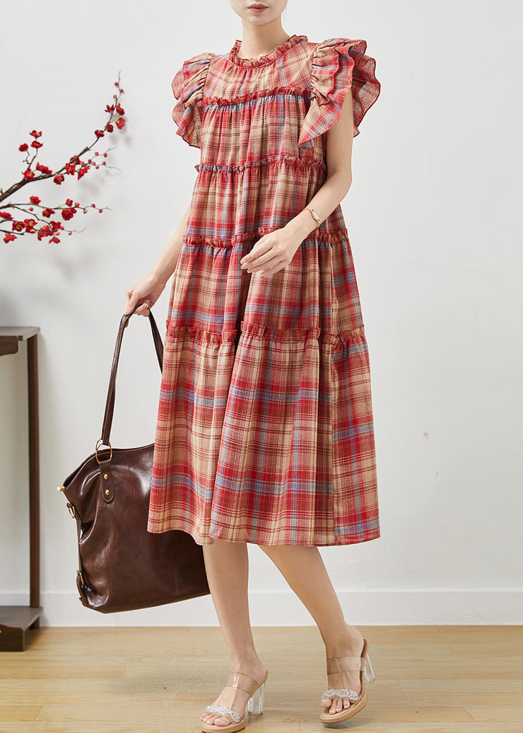 Beautiful Red Ruffled Plaid Cotton Dresses Butterfly Sleeve