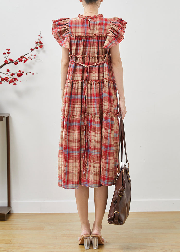 Beautiful Red Ruffled Plaid Cotton Dresses Butterfly Sleeve