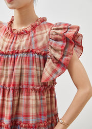 Beautiful Red Ruffled Plaid Cotton Dresses Butterfly Sleeve