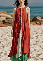 Beautiful Red Silm Fit Patchwork Cotton Long Dresses Sleeveless