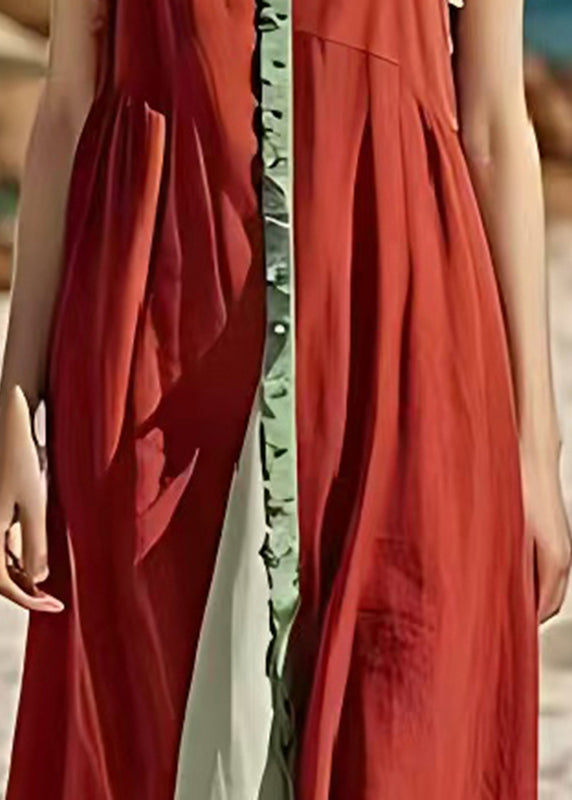 Beautiful Red Silm Fit Patchwork Cotton Long Dresses Sleeveless