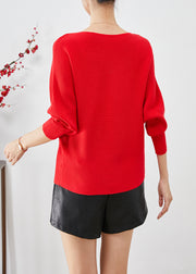 Beautiful Red Slash Neck Knit Sweater Tops Batwing Sleeve