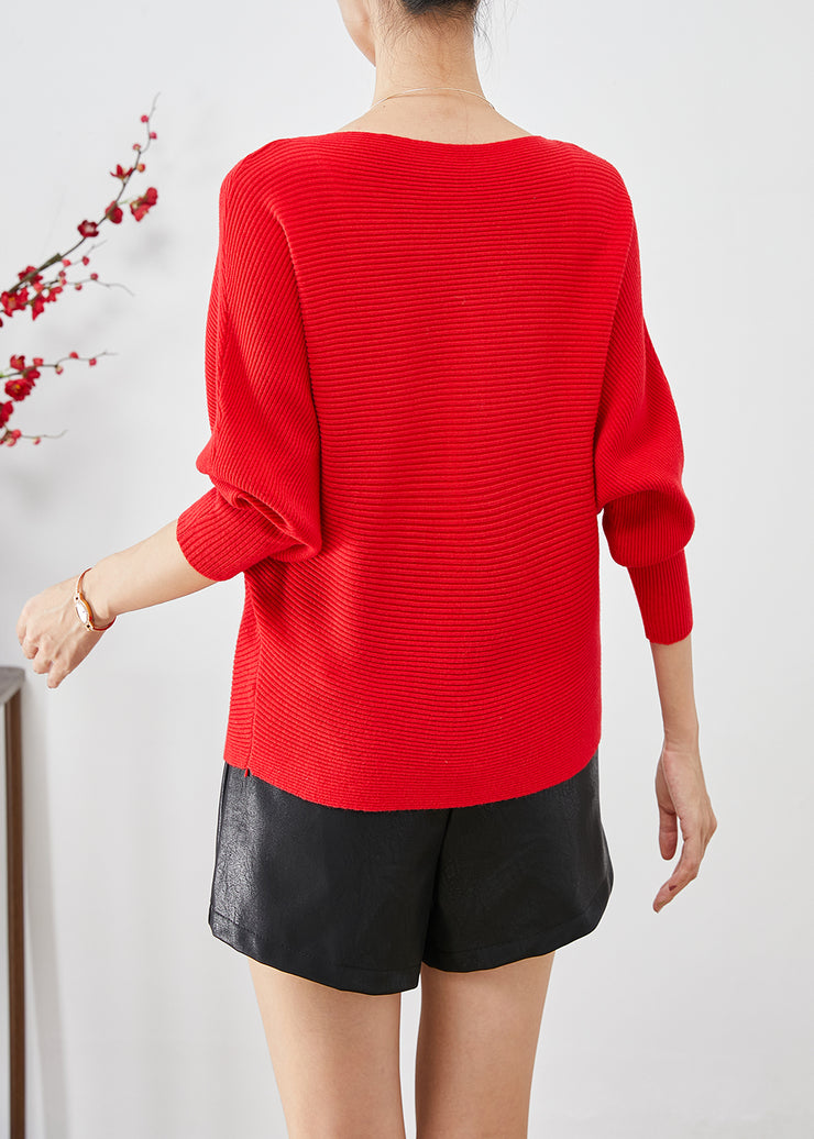 Beautiful Red Slash Neck Knit Sweater Tops Batwing Sleeve