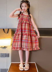 Beautiful Red Slash Neck Ruffled Plaid Patchwork Girls Slip Long Dress Summer