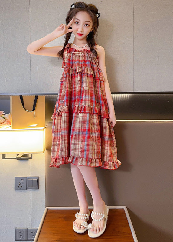 Beautiful Red Slash Neck Ruffled Plaid Patchwork Girls Slip Long Dress Summer