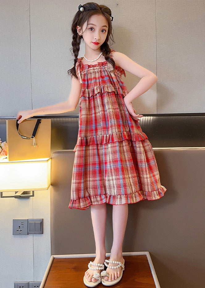 Beautiful Red Slash Neck Ruffled Plaid Patchwork Girls Slip Long Dress Summer