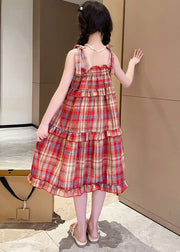 Beautiful Red Slash Neck Ruffled Plaid Patchwork Girls Slip Long Dress Summer