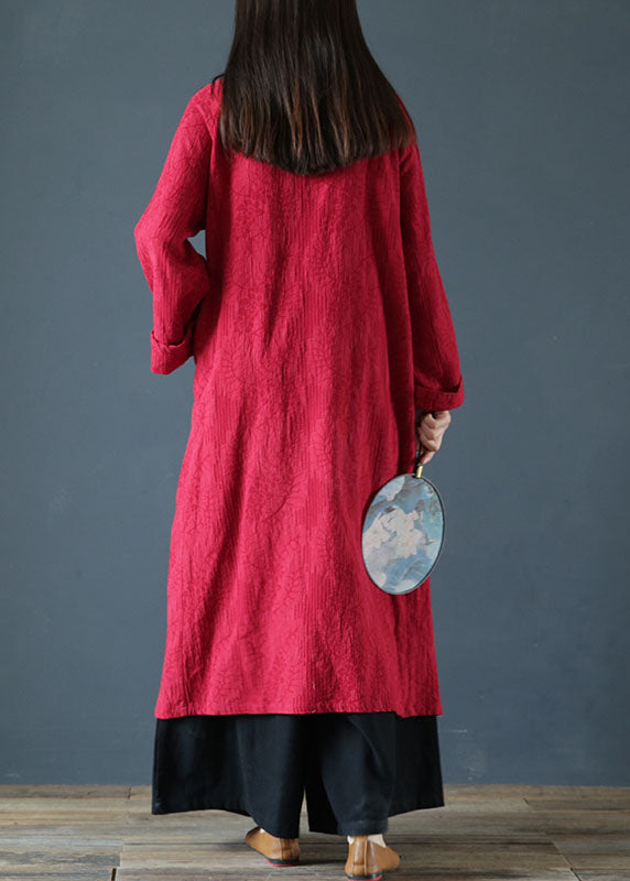 Beautiful Red Stand Collar Jacquard Wrinkled Cotton Dress Cheongsam Spring