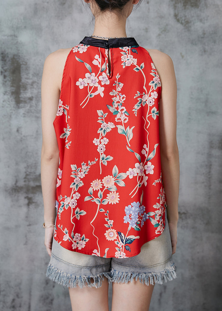 Beautiful Red Stand Collar Print Tops Sleeveless