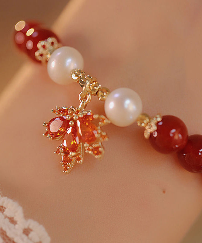 Beautiful Red Sterling Silver Overgild Agate Maple Leaf Charm Bracelet