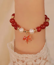 Beautiful Red Sterling Silver Overgild Agate Maple Leaf Charm Bracelet