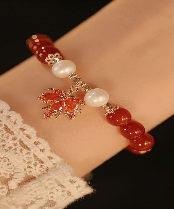 Beautiful Red Sterling Silver Overgild Agate Maple Leaf Charm Bracelet