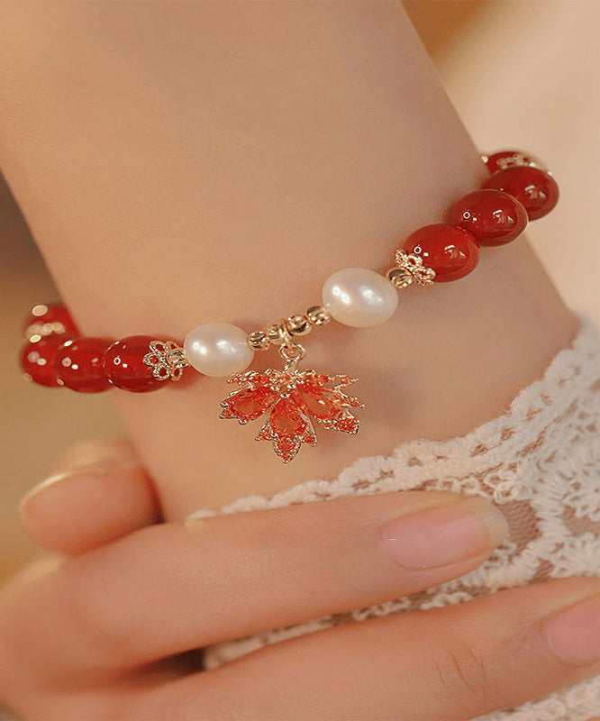 Beautiful Red Sterling Silver Overgild Agate Maple Leaf Charm Bracelet