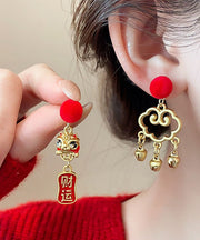 Beautiful Red Sterling Silver Overgild Asymmetric Lion Dance Auspicious Clouds Tassel Drop Earrings