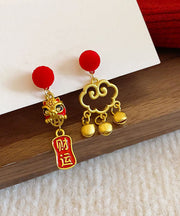 Beautiful Red Sterling Silver Overgild Asymmetric Lion Dance Auspicious Clouds Tassel Drop Earrings