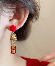 Beautiful Red Sterling Silver Overgild Asymmetric Lion Dance Auspicious Clouds Tassel Drop Earrings