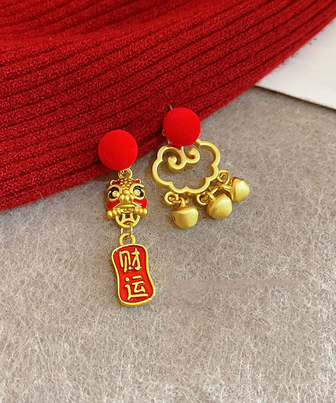 Beautiful Red Sterling Silver Overgild Asymmetric Lion Dance Auspicious Clouds Tassel Drop Earrings