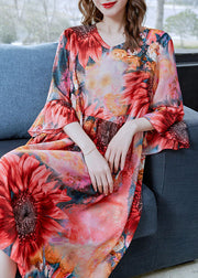 Beautiful Red The Sunflowers Print Patchwork Chiffon Dresses Butterfly Sleeve