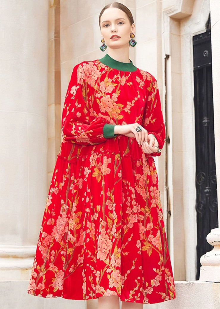 Beautiful Red Turtleneck Jacquard Patchwork Wrinkled Silk Velour Maxi Dresses Fall