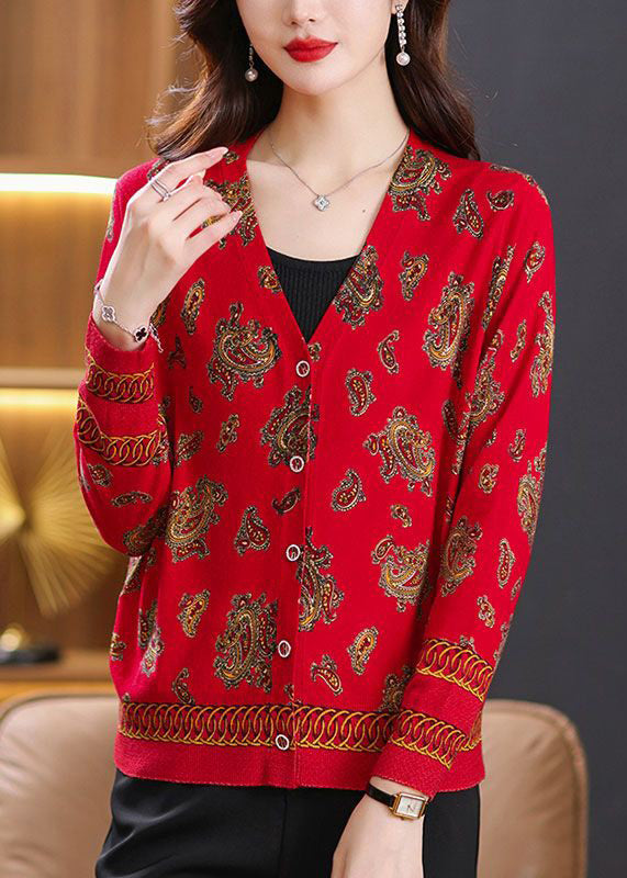 Beautiful Red V Neck Button Print Wool Knit Cardigan Spring