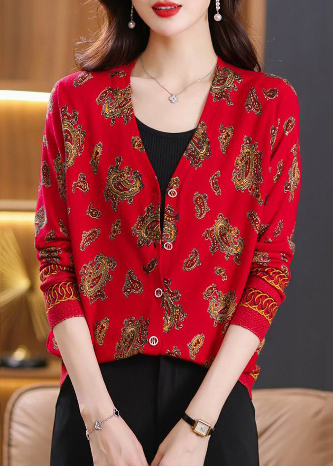 Beautiful Red V Neck Button Print Wool Knit Cardigan Spring