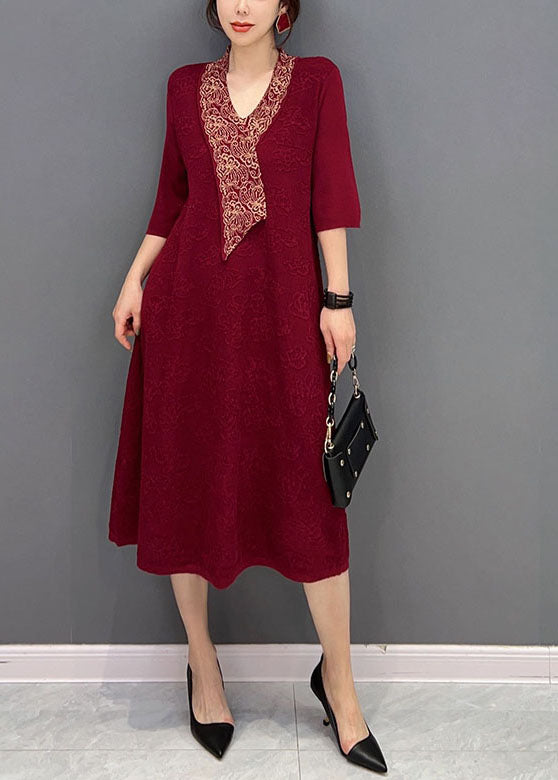 Beautiful Red V Neck Jacquard Slim Fit Cotton Holiday Dress Half Sleeve