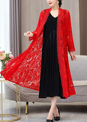 Beautiful Red V Neck Long Lace Sunscreen Cardigan Summer