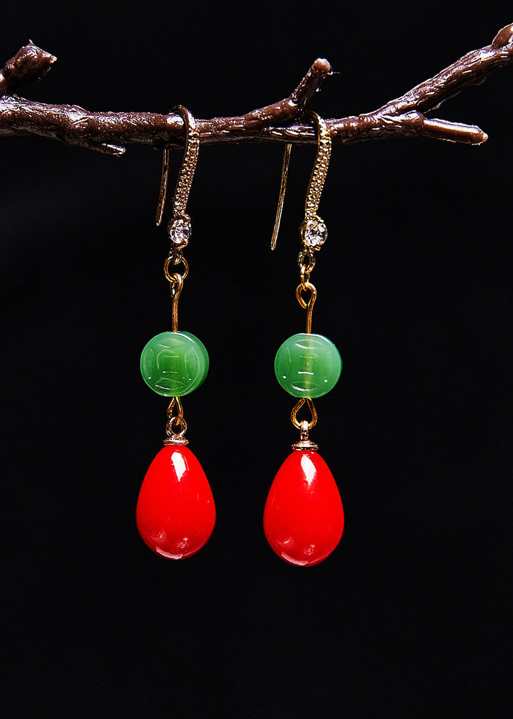 Beautiful Red Water Droplet Coral Fine Jade Drop Earrings