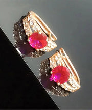 Beautiful Rose Alloy Inlaid Gem Stone Zircon Hoop Earrings