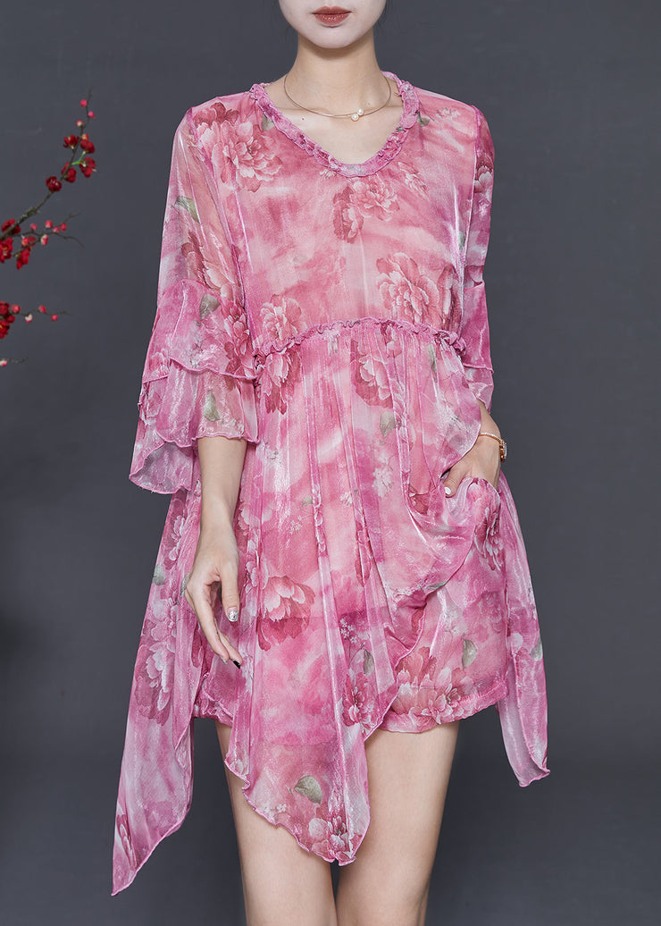 Beautiful Rose Asymmetrical Print Chiffon Mini Dress Two Piece Set Summer